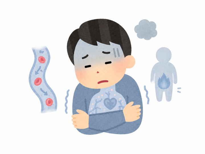 血流と代謝の低下で冷えや疲れを感じる男性のイラスト