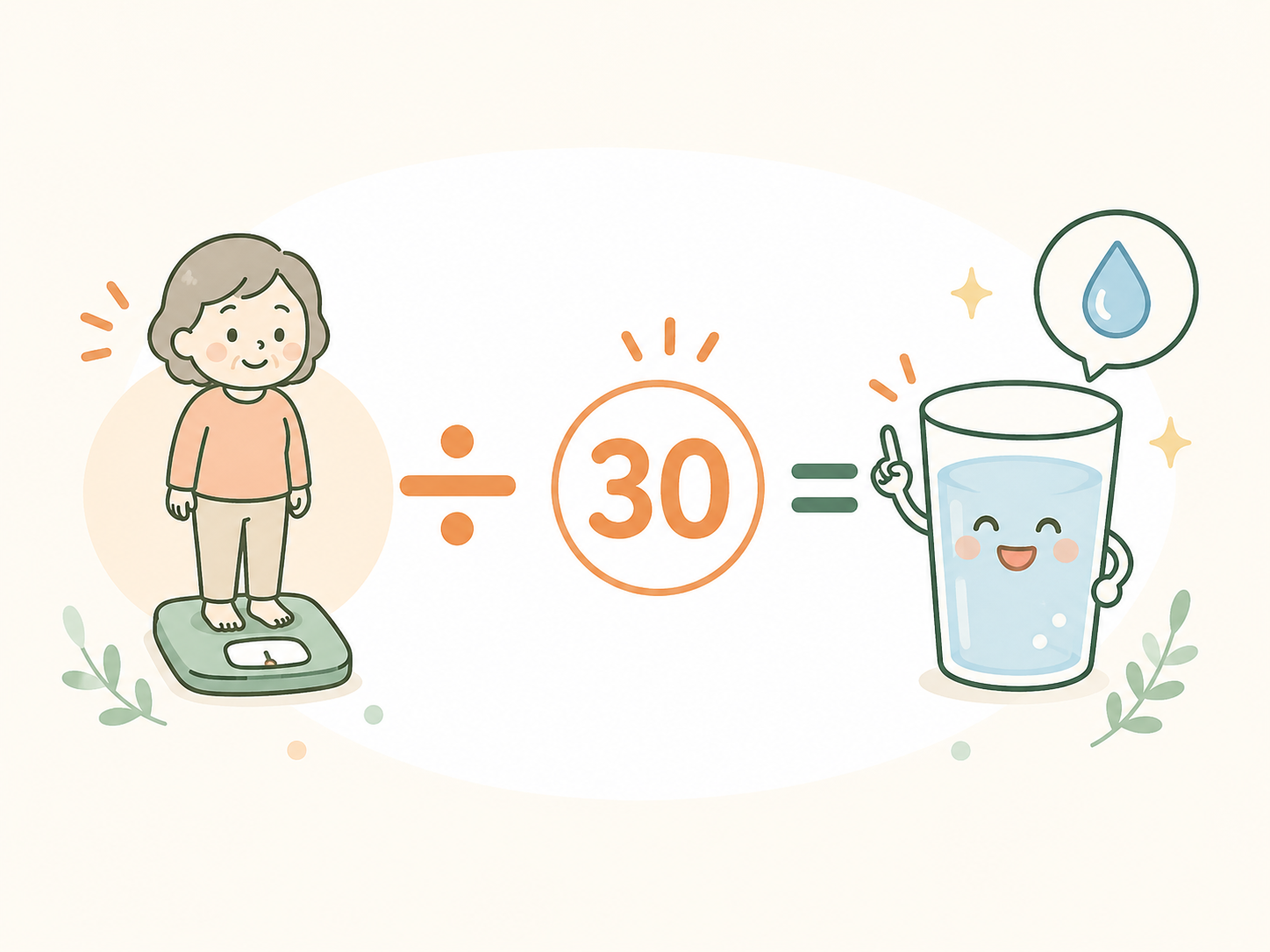 体重を30で割って1日に必要な水分量の目安を考える、いらすとや風イラスト