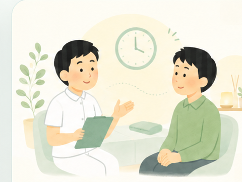 男性の先生がじっくり問診しているイメージイラスト